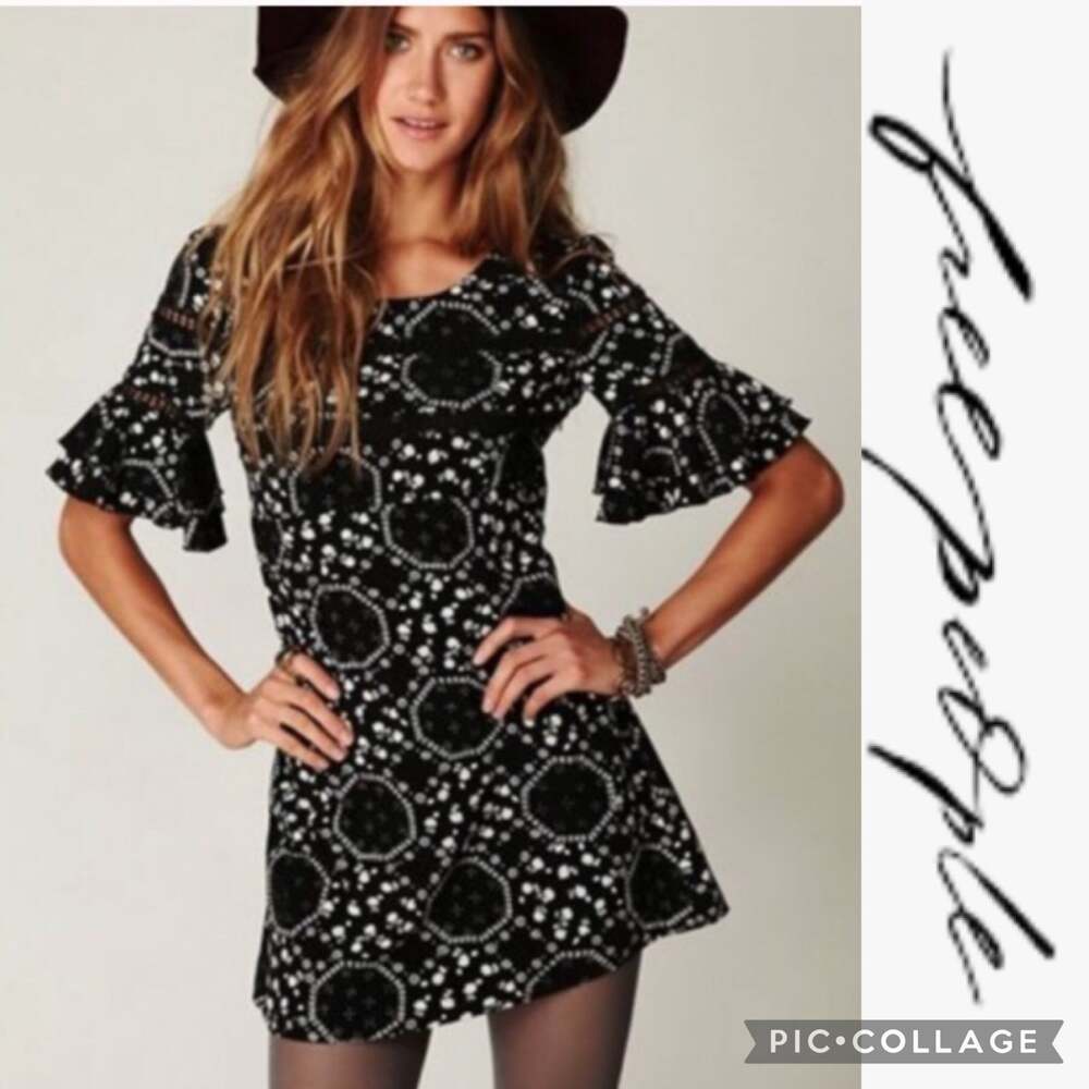 Free People Geo Garden Ruffle Sleeve Mini Dress in black & white size 0